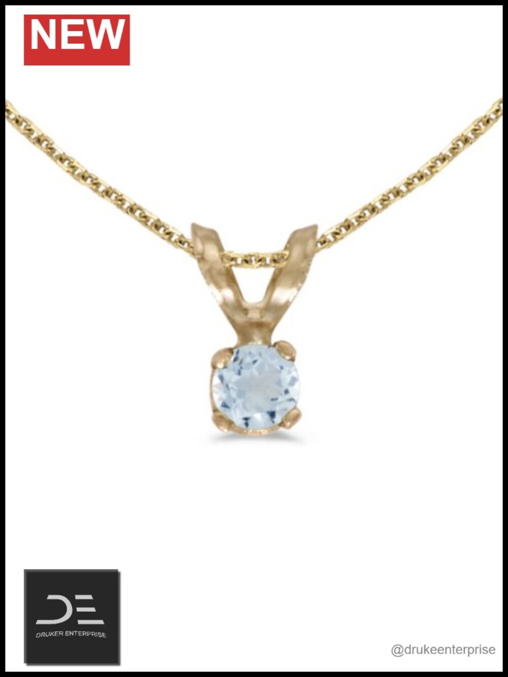 10K Yellow Gold Round Aquamarine Pendant Necklace with 16" Chain